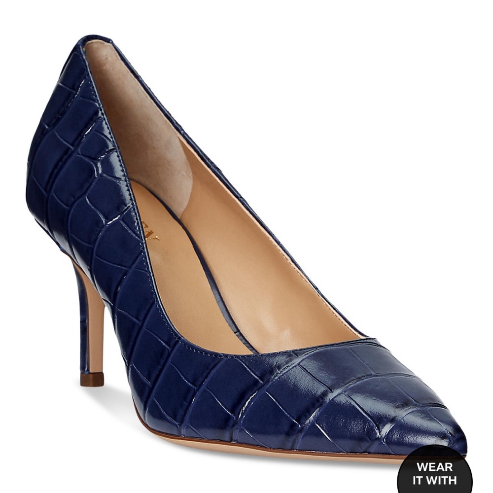 NWOT Lauren Ralph Lauren Nanette Pointed Toe Pumps Refined Navy Croc Women’s 8B